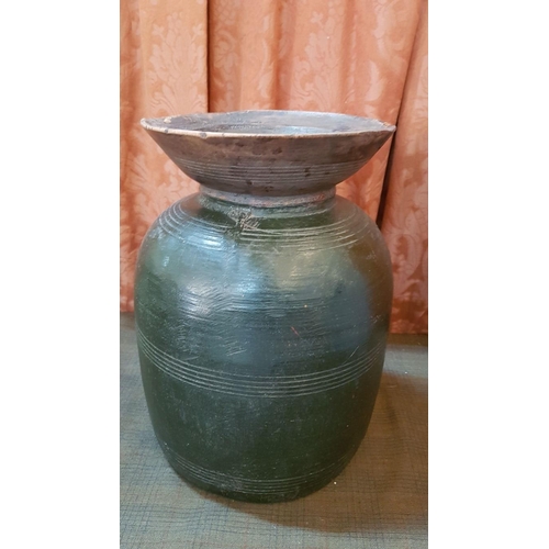 212 - Heavy Antique Primitive Handmade Wooden Vase/Storage Pot (H: 32.5cm  Ø: 20.5cm). A/F, Crack on the B... 