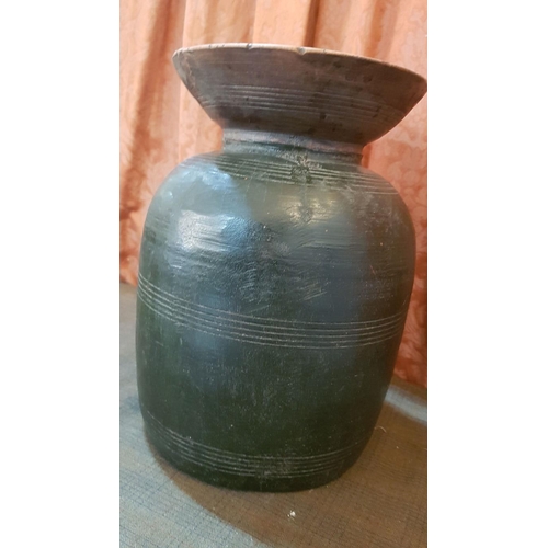 212 - Heavy Antique Primitive Handmade Wooden Vase/Storage Pot (H: 32.5cm  Ø: 20.5cm). A/F, Crack on the B... 