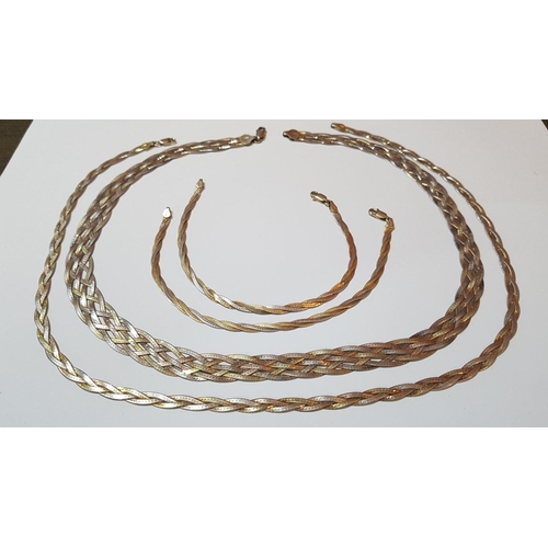 600 - 3- Tone Braided Silver (925) Jewelry Collection: 2x Chains (L: 50cm Each) and 2x Matching Bracelets ... 