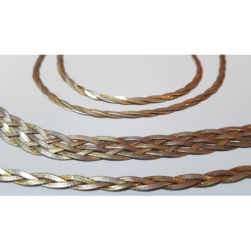 600 - 3- Tone Braided Silver (925) Jewelry Collection: 2x Chains (L: 50cm Each) and 2x Matching Bracelets ... 