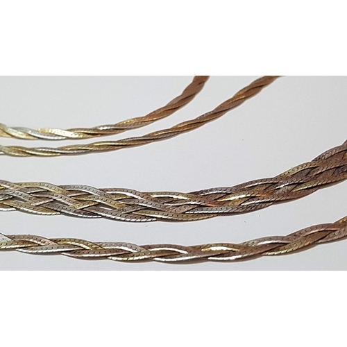 600 - 3- Tone Braided Silver (925) Jewelry Collection: 2x Chains (L: 50cm Each) and 2x Matching Bracelets ... 