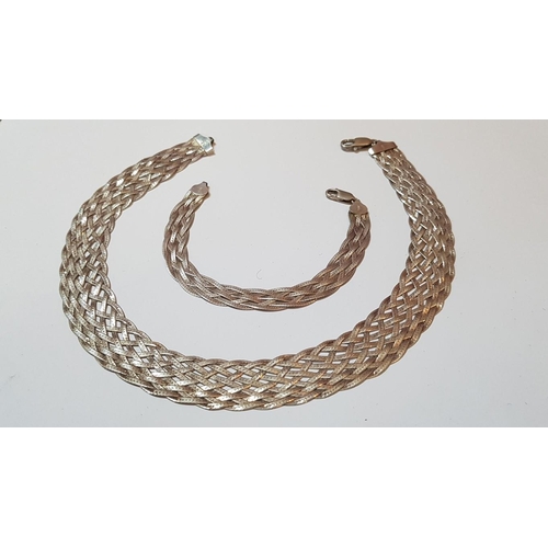 602 - Silver 925, Woven Braided Set: Necklace (L: 39cm) and Matching Bracelet (L: 18cm ), Approx. 33g.