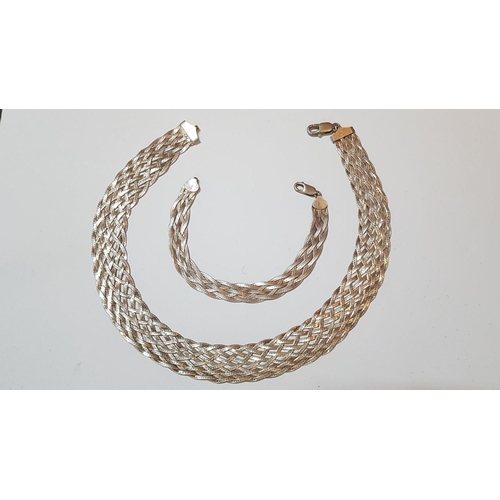 602 - Silver 925, Woven Braided Set: Necklace (L: 39cm) and Matching Bracelet (L: 18cm ), Approx. 33g.