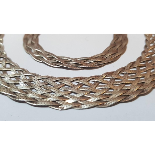 602 - Silver 925, Woven Braided Set: Necklace (L: 39cm) and Matching Bracelet (L: 18cm ), Approx. 33g.