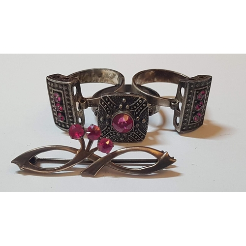 605 - Russian Silver 875 Collection: 3X Filigree Rings with Red Stones (Size P/Q) and Brooch, Approx. 15.4... 