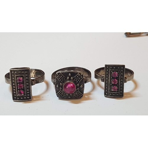 605 - Russian Silver 875 Collection: 3X Filigree Rings with Red Stones (Size P/Q) and Brooch, Approx. 15.4... 