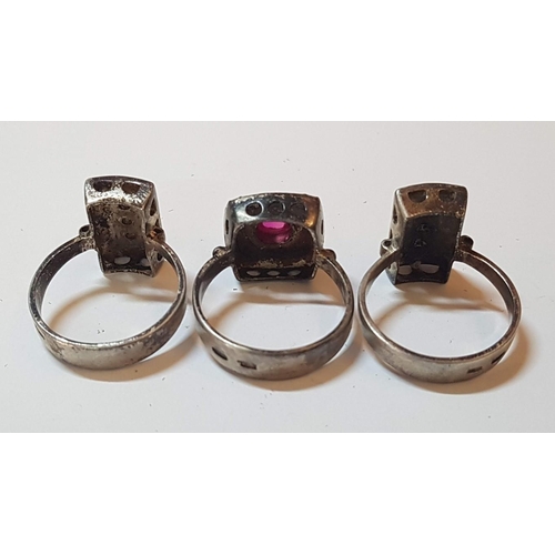 605 - Russian Silver 875 Collection: 3X Filigree Rings with Red Stones (Size P/Q) and Brooch, Approx. 15.4... 