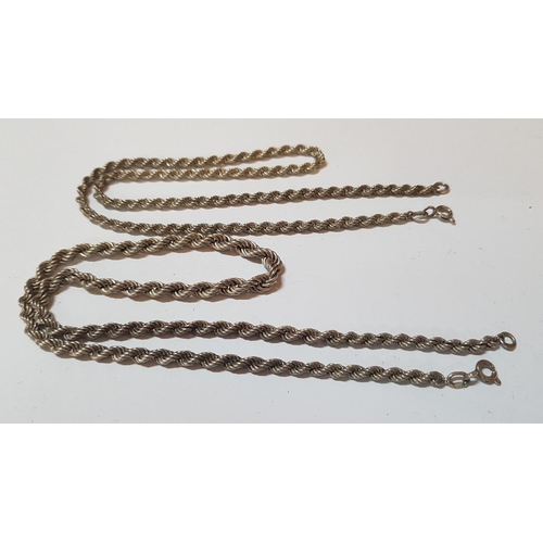 607 - 2x Rope Silver (925) Chains, L: 44cm and L: 45cm, Approx. 40g.