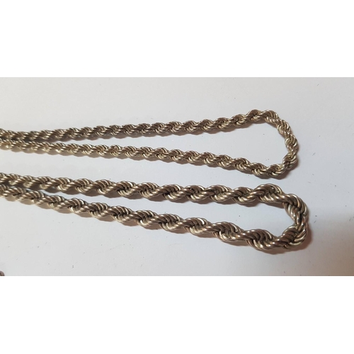 607 - 2x Rope Silver (925) Chains, L: 44cm and L: 45cm, Approx. 40g.