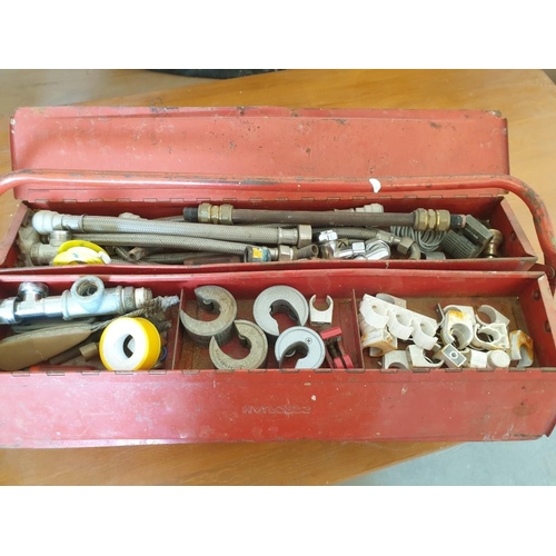 539 - Red Metal Cantilever Tool Box, Complete with Qty of Plumbing Parts and Accessories