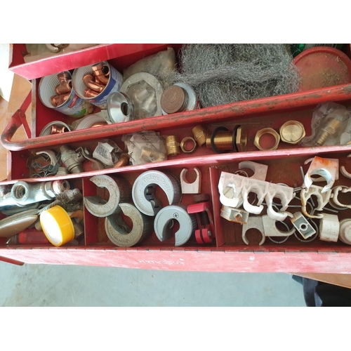 539 - Red Metal Cantilever Tool Box, Complete with Qty of Plumbing Parts and Accessories