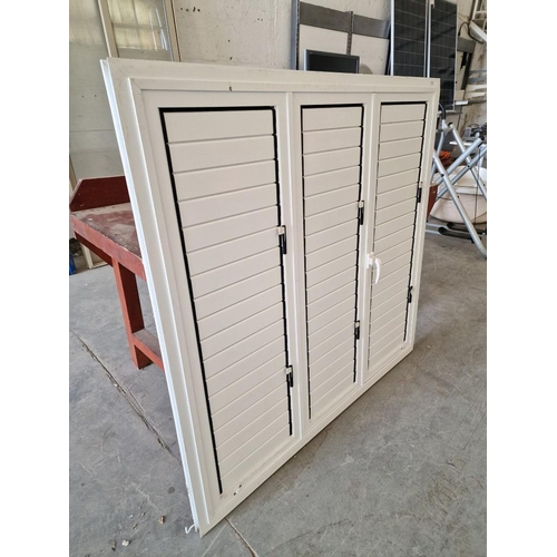 578 - White Colour Aluminium 3-Part Louvred Shutters in Frame, (Approx. 147 x 140cm)