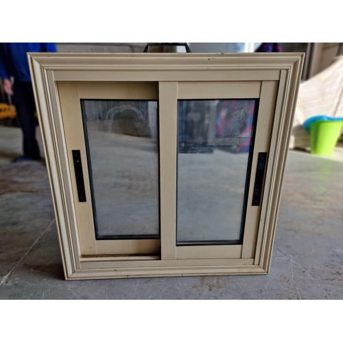 597 - Cream Colour Aluminium Sliding Double Glazed Windows in Frame, (Approx. 80 x 80cm)