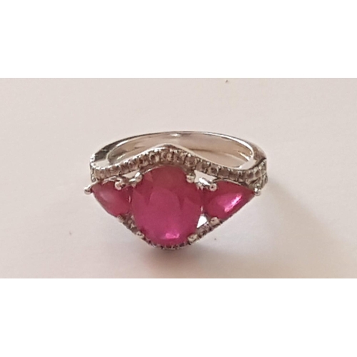 641 - 925 Silver Large Decorative Ring with 3-Large Pink Stones (1 x Oval and 2 x Pear Cut) and Small Clea... 