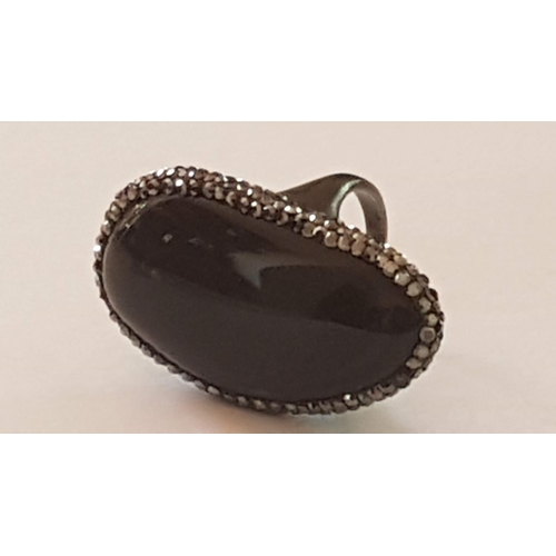 642 - Silver 925 Ring, Antique Effect with Large Black Stone Centre and Surrounded Marcasite Stones. Appro... 