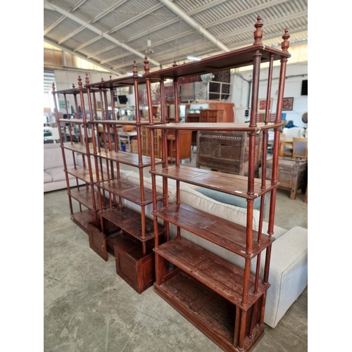 666 - Set of 3 x Solid Wood 6-Tier 'Stick Cabinets' / Open Shelf Bookcase with Turned Uprights and Finials... 