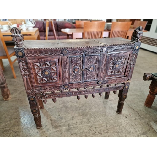 660 - Antique Carved Wood Indian Console Cabinet with Finialled Uprights, Heavily Carved Front with Double... 