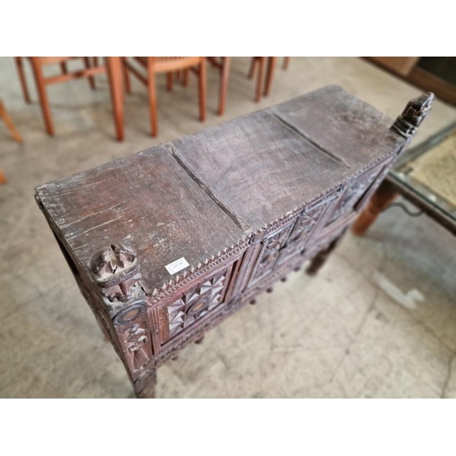 660 - Antique Carved Wood Indian Console Cabinet with Finialled Uprights, Heavily Carved Front with Double... 