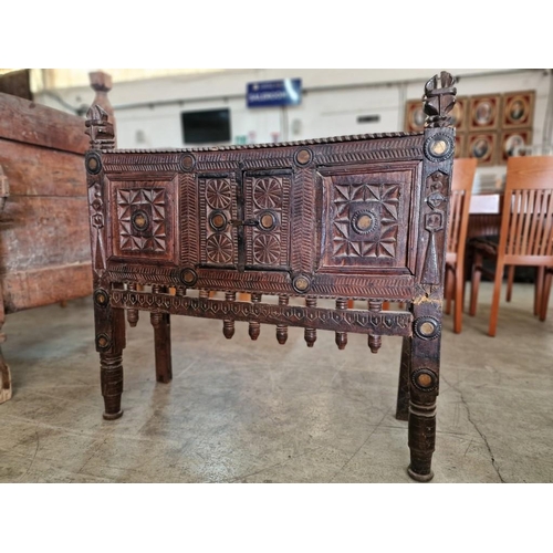 660 - Antique Carved Wood Indian Console Cabinet with Finialled Uprights, Heavily Carved Front with Double... 