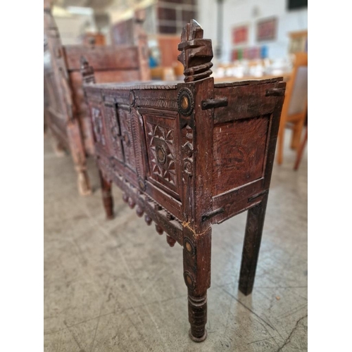 660 - Antique Carved Wood Indian Console Cabinet with Finialled Uprights, Heavily Carved Front with Double... 