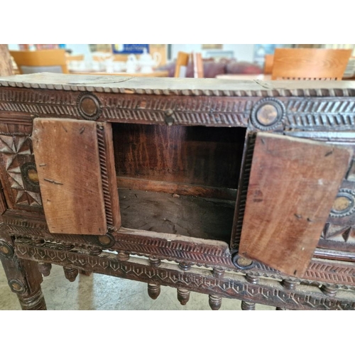 660 - Antique Carved Wood Indian Console Cabinet with Finialled Uprights, Heavily Carved Front with Double... 