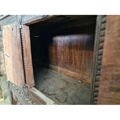 660 - Antique Carved Wood Indian Console Cabinet with Finialled Uprights, Heavily Carved Front with Double... 