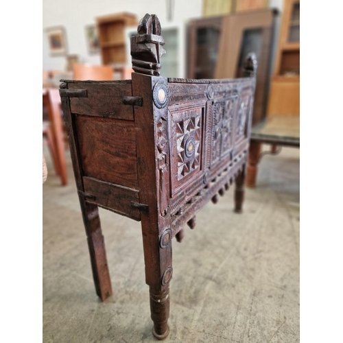 660 - Antique Carved Wood Indian Console Cabinet with Finialled Uprights, Heavily Carved Front with Double... 