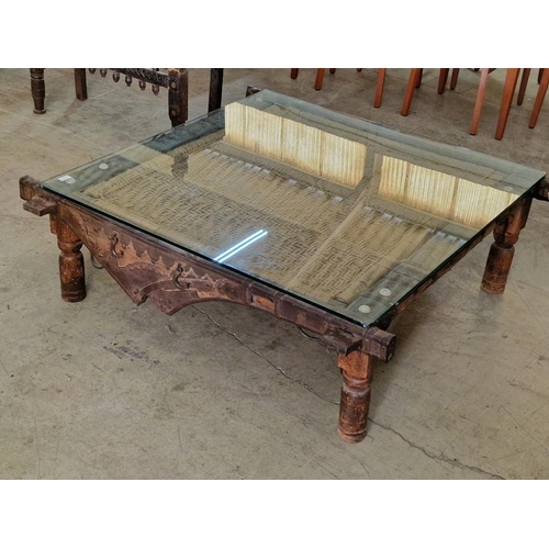 661 - Large Antique Indian Coffee Table, Wooden Frame with Decorative Metal Work and Fixtures, Over Turned... 