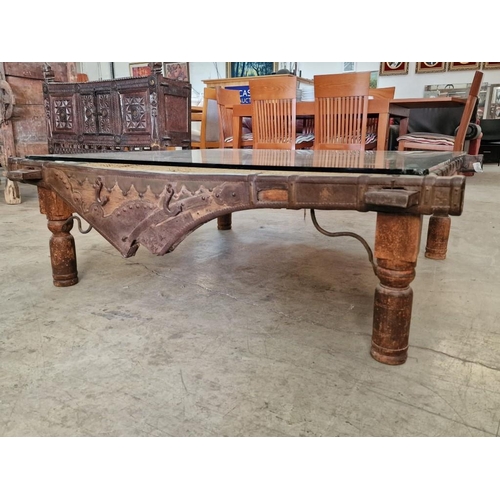 661 - Large Antique Indian Coffee Table, Wooden Frame with Decorative Metal Work and Fixtures, Over Turned... 