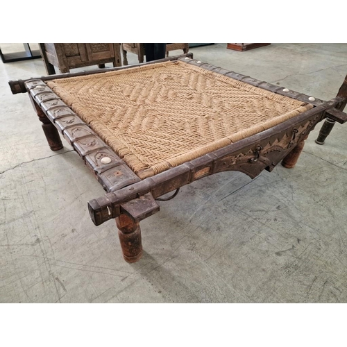 661 - Large Antique Indian Coffee Table, Wooden Frame with Decorative Metal Work and Fixtures, Over Turned... 