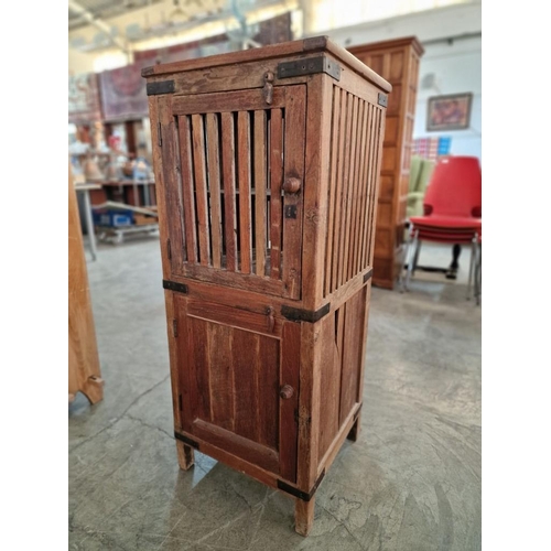 671 - Antique Teak Wood Laundry Cabinet, with Metal Brackets; Top Section with Slat Sides and Opening Door... 