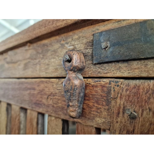 671 - Antique Teak Wood Laundry Cabinet, with Metal Brackets; Top Section with Slat Sides and Opening Door... 