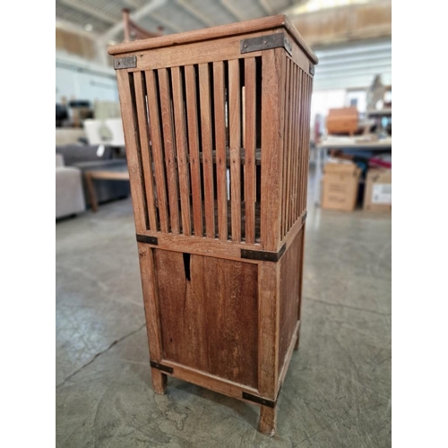 671 - Antique Teak Wood Laundry Cabinet, with Metal Brackets; Top Section with Slat Sides and Opening Door... 