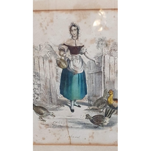 110 - 'Feed the Poultry' Vintage, Framed Print/Etching with Hand Coloring. (24cm x 27cm)