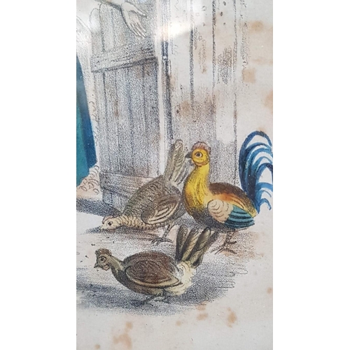 110 - 'Feed the Poultry' Vintage, Framed Print/Etching with Hand Coloring. (24cm x 27cm)