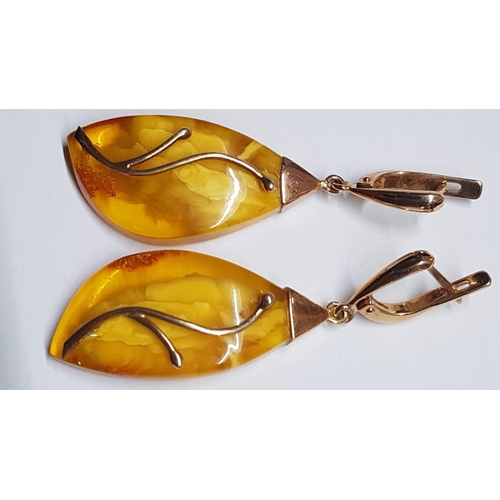 137 - USSR Vintage Egg Yolk Amber and Gold Jewelry Set: Teardrop Dangle Earrings and Ring with Large Amber... 