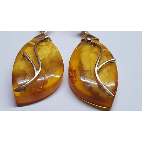 137 - USSR Vintage Egg Yolk Amber and Gold Jewelry Set: Teardrop Dangle Earrings and Ring with Large Amber... 