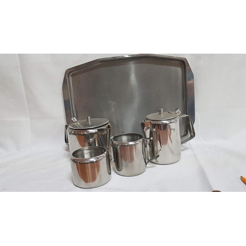 43 - Retro Stainless Steel Tea/Coffee Set (Tea and Coffee Pots, Milk Jug, Sugar Bowl and Tray).  (5)