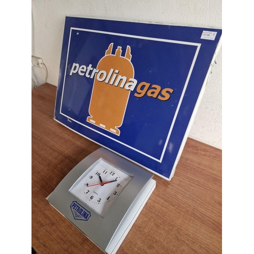 704 - Metal 'Petrolina Gas' Sign, (Approx. 50 x 67 x 5cm), Together with 'Petrolina' Wall Clock, with Grey... 