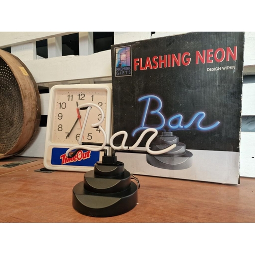 707 - Flashing Neo 'Bar' Sign, with Original Box, * Basic Test and Doesn't Turn On *, Together with 'Time ... 