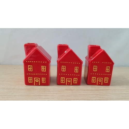 750 - Set of 3 x Red Ceramic Candle Holders in Style of Small Houses, (Approx. 3.5 x 3.5 x 6cm each), (3)