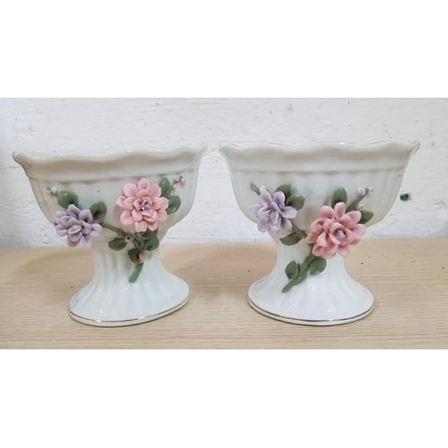 751 - Retro Pair of Porcelain Flower Pedestal Pots / Holders, Decorated with 3d Flowers and Gold Rim, (App... 