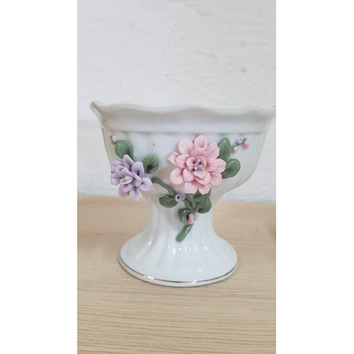 751 - Retro Pair of Porcelain Flower Pedestal Pots / Holders, Decorated with 3d Flowers and Gold Rim, (App... 