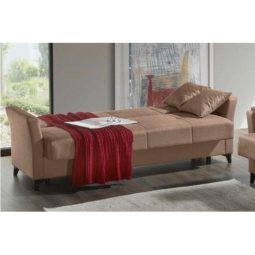 29 - Comfortable Upholstered 3-Seater Sofa Bed and Matching Armchair in Beige Fabric,

Dimensions: Three-... 