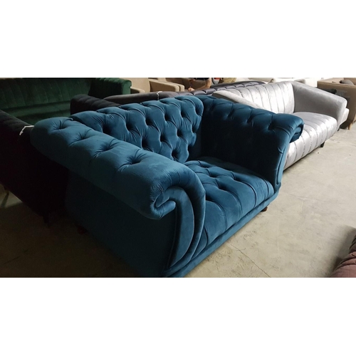 9 - Elegant Button Back 'Isabelle' Blue Velvet Love Seat / 2-Seat Sofa with Scroll Arms

* Unused * - Fu... 