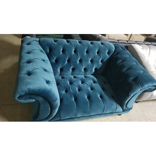 9 - Elegant Button Back 'Isabelle' Blue Velvet Love Seat / 2-Seat Sofa with Scroll Arms

* Unused * - Fu... 