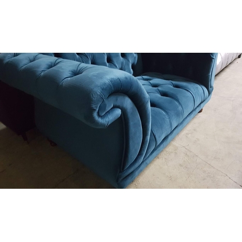 9 - Elegant Button Back 'Isabelle' Blue Velvet Love Seat / 2-Seat Sofa with Scroll Arms

* Unused * - Fu... 