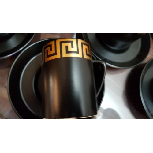 621C - Portmeirion Pottery Black with Golden Greek Key 'Rim' Coffee Set Designed by Susan William - Ellis, ... 