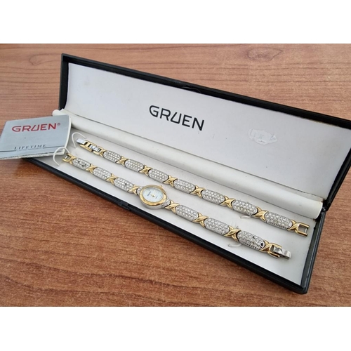 392 - Gruen Two Tone Watch and Bracelet Set; Stainless Steel with Gold Tone and Pave Set with Clear Stones... 