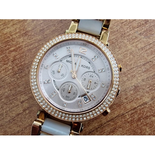 395 - Ladies Michael Kors Parker Chronograph Watch, Rose Gold Tone Stainless Steel with Pavé Crystal Bezel... 